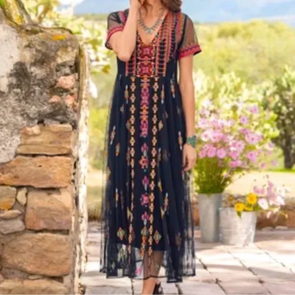 Sundance Dreamy Destinations Black Swiss Dot Embroidered Maxi Boho Dress — XL - Picture 1 of 14